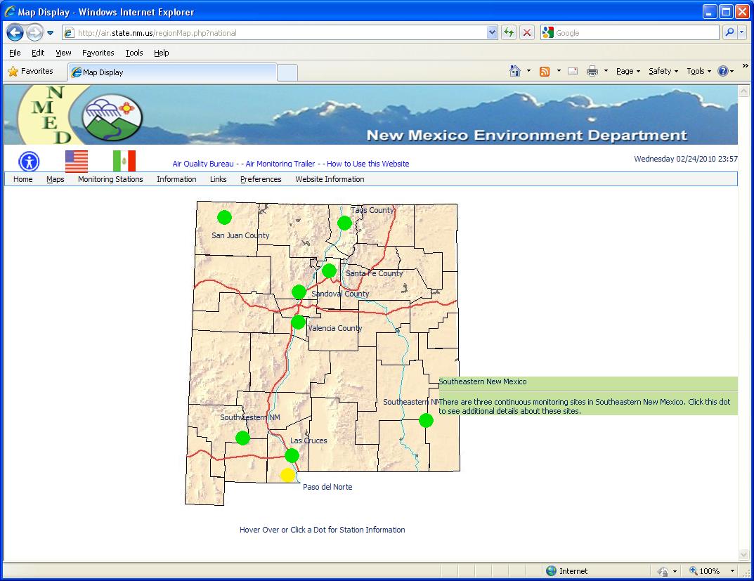 Envitech EnviWeb AQM Station Map-Example fron Mew Mexico Site.This map reflecting the entire state, while the green spots representing the regions. The mouse is now moving on the Southeastern New Mexico Region.Clicking on it will display the Region Map for this region, as will appear in the "Region Map" section.