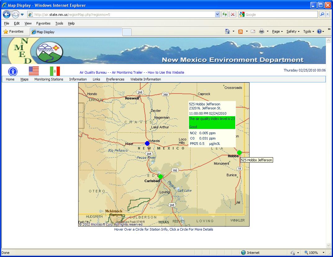 Envitech EnviWeb Regional Map-Example for Region Map of "Southeastern New Mexico" region. The spots indicate the stations,and thier color indicates the air quality index. In this example the mouse is now over the "525 Hobbs Jefferson" state.Clicking on this symbol will display the station information screen of this AQM/CEM Station.