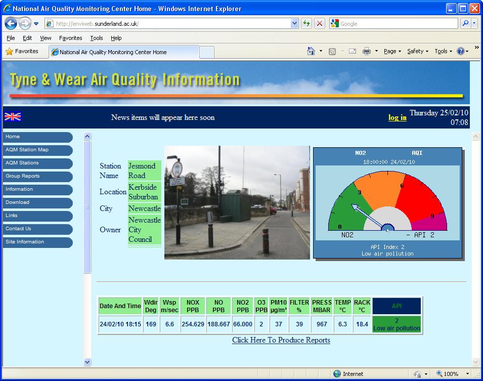 Envitech EnviWeb Station Information Summary-Example for "Jesmond Road" station, indicate its picture, last recieved data and a chart that follows the user's selection. Now the user has selected to present in the chart the air quality index of the station. Another option is to display a graph for a pullutant or a rose for wind direction channel.
