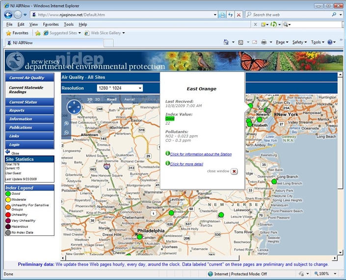 Envitech EnvistaWeb GIS Map-Example from NJ site reflecting 2-dimensions road map with stations that indicate by index dots and a popup window that appeared after mouse moving on "East Orange" station. From this popup window you can reach to the "Station Information" screen.